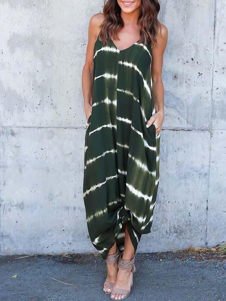 shopping שמלות Women Holiday Striped Print V-Neck Spaghetti Straps Loose Maxi Dress with Pockets