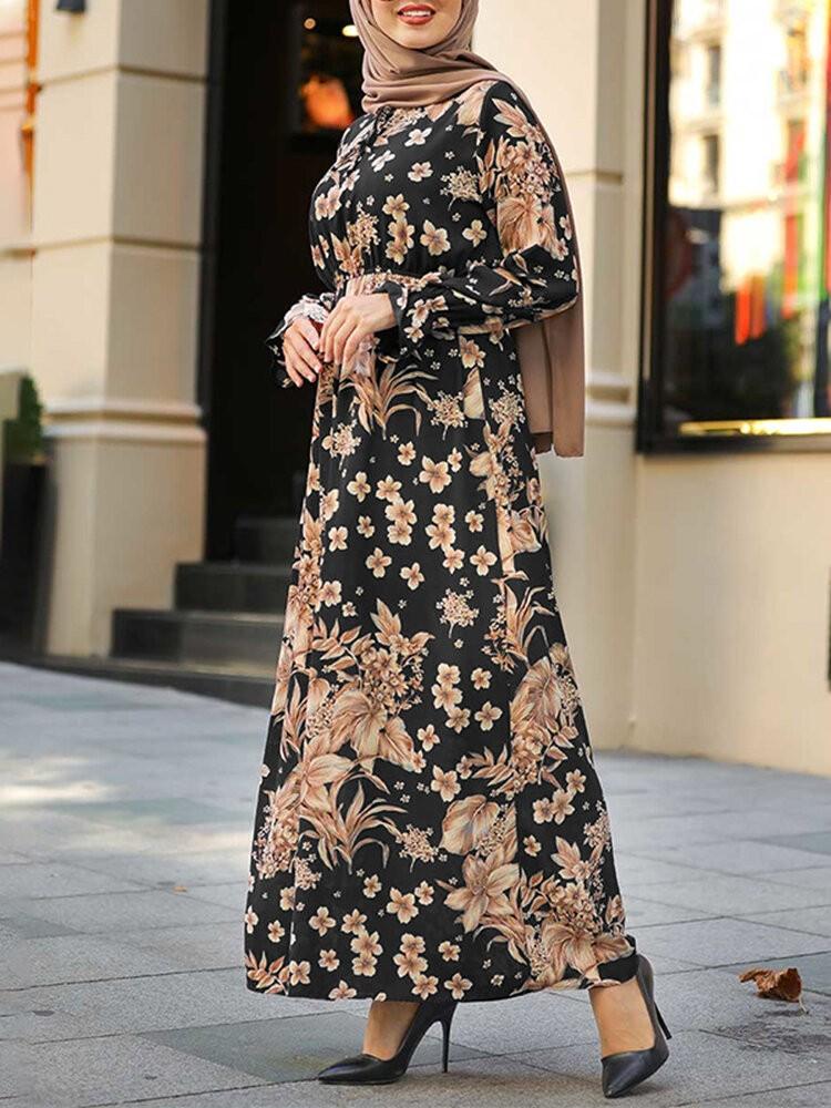 shopping שמלות Women Flowers Print Ruffle Cuffs Lace-Up Stand Collar Casual Maxi Muslim Dress Abaya Kaftan