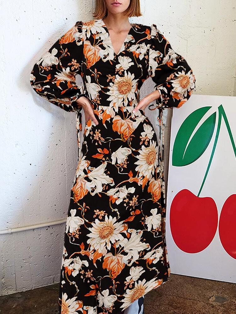 shopping שמלות Women Flowers Print V-Neck Lantern Sleeve A-Line Casual Holiday Maxi Dress