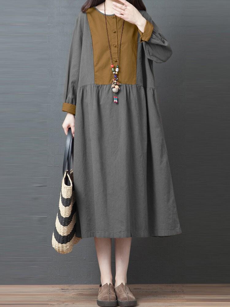 shopping שמלות Women Contrast Patchwork Button Front Casual Long Sleeve Maxi Shirt Dresses
