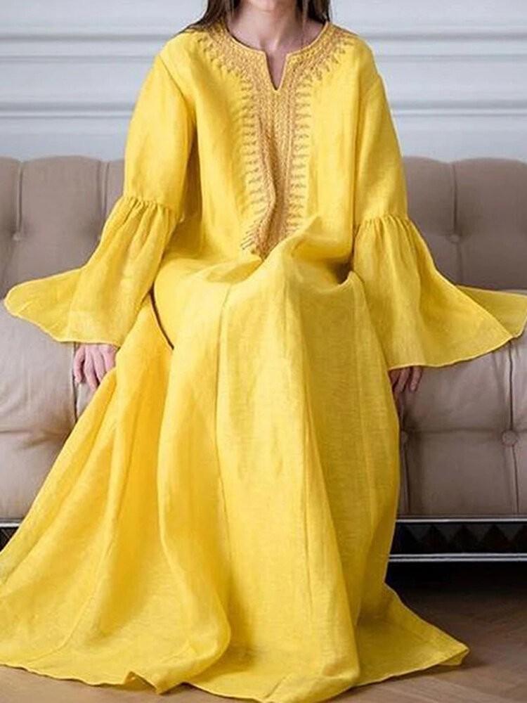 shopping שמלות Women Patchwork Notch Neck Long Sleeve Pleating Holiday Casual Maxi Dresses