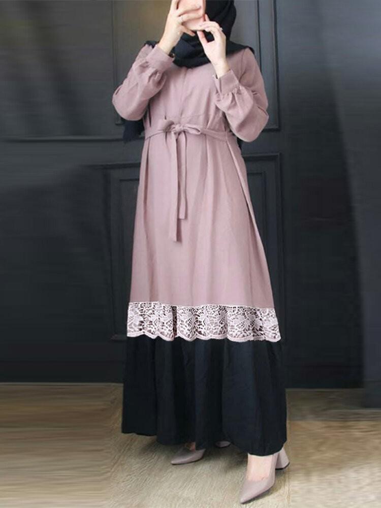 shopping שמלות Women Contrast Color Patchwork Round Neck Casual Puff Sleeve Maxi Dresses