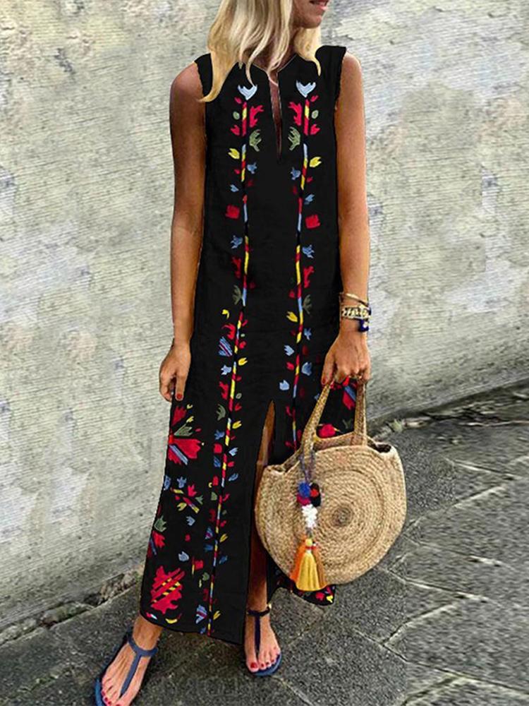 shopping שמלות Bohemian Floral Sleeveless High Split Long Dress