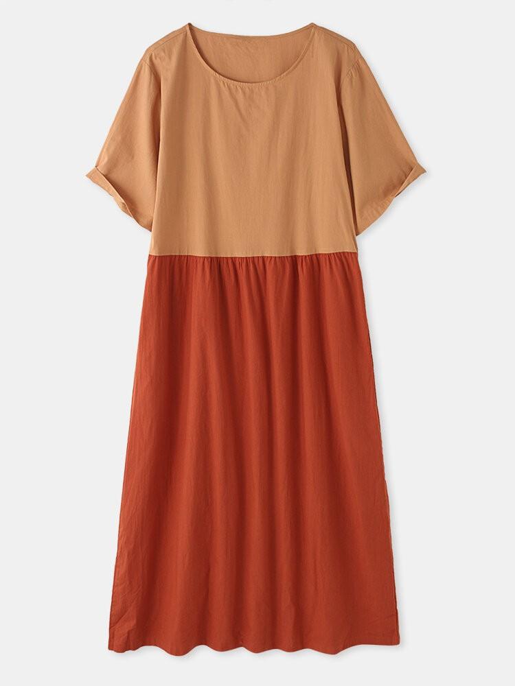 shopping שמלות Casual Color Block Round Neck Stitching Maxi Dress With Pocket