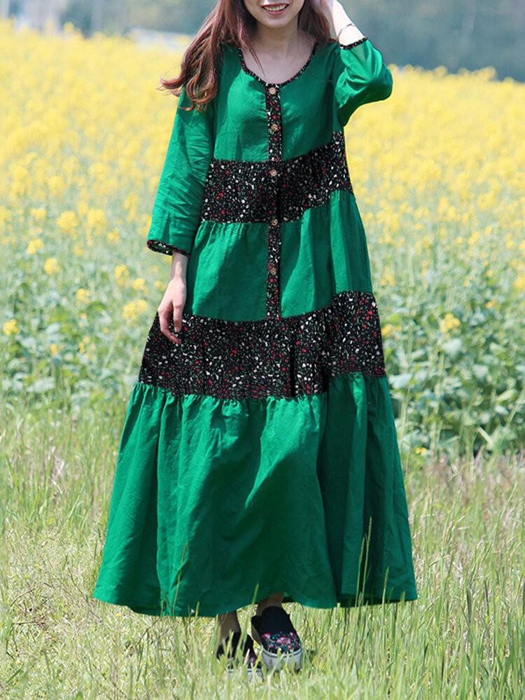 shopping שמלות Vintage Print Patchwork Button 3/4 Sleeve Maxi Dress