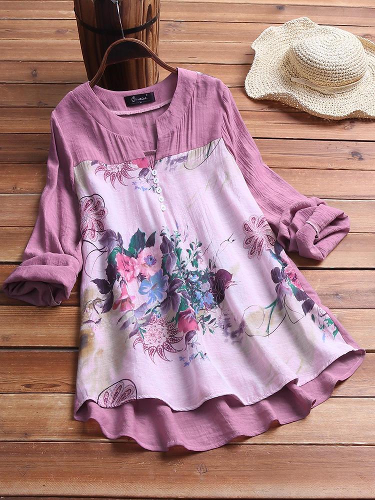 shopping מידות גדולות Vintage Print Patchwork Blouse