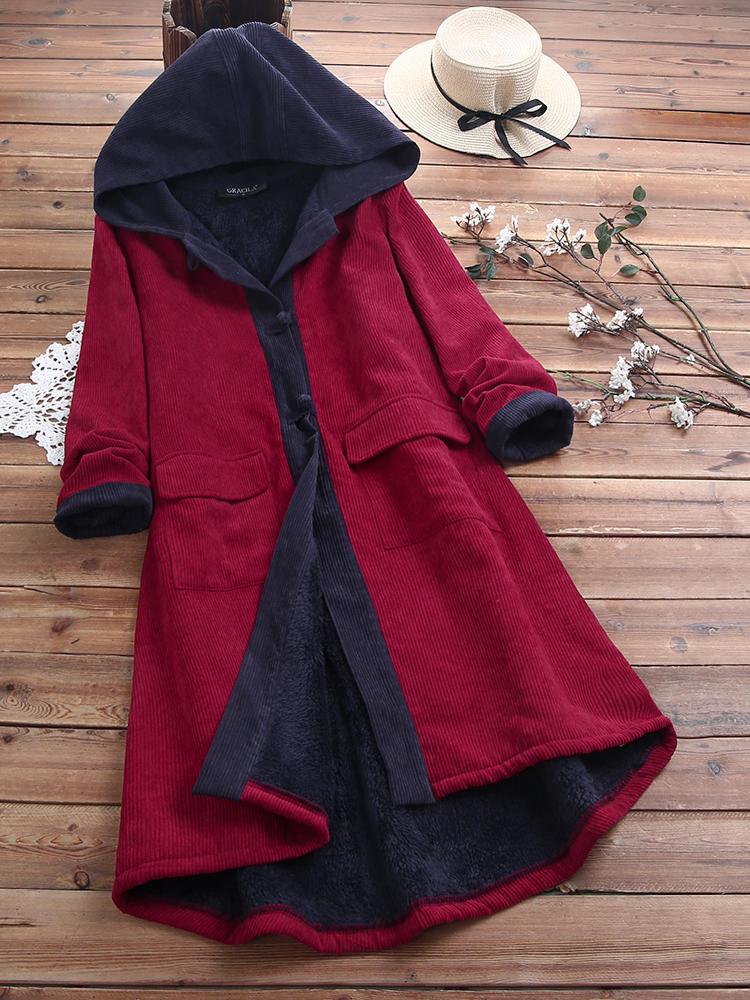 shopping מידות גדולות Women Casual Patch Hooded Thick Fleece Corduroy Long Coats