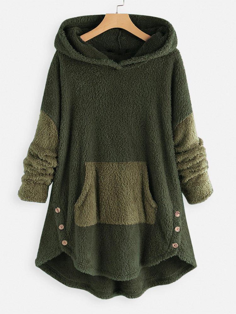 shopping מידות גדולות Contrast Color Splice Irregular Hem Hooded Fleece Sweatshirt Coats