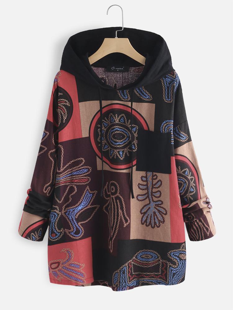 shopping מידות גדולות Vintage Printed Hooded Long Sleeve Plus Size Blouse