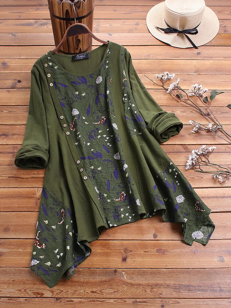 shopping מידות גדולות Plus Size Floral Print Patchwork Asymmetrical Cotton Blouse