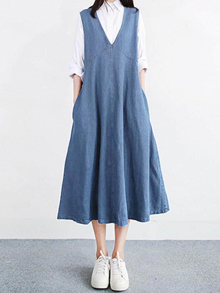 shopping מידות גדולות Women Vintage V-neck Sleeveless Pleated Denim Dress