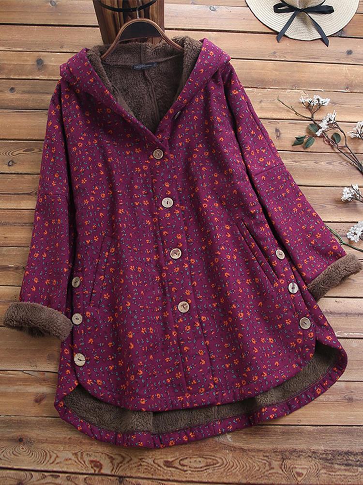 shopping מידות גדולות Women Vintage Floral Print 3/4 Sleeve High Low Button Down Side Pockets Coats