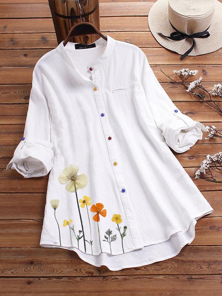 shopping מידות גדולות Flower Print Long Sleeve Colorful Button Shirts