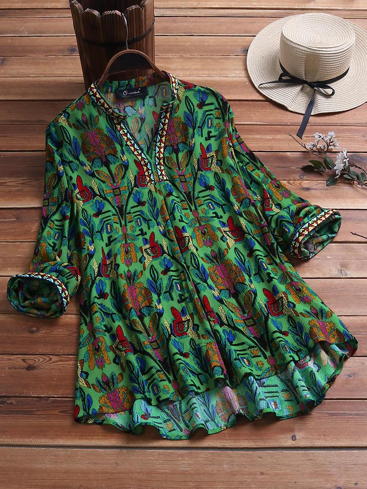 shopping מידות גדולות Vintage Ethnic Print V-neck Blouse