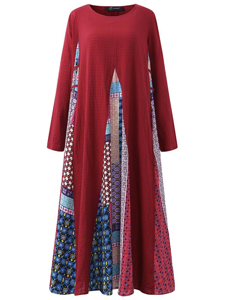shopping מידות גדולות Vintage Women Printed Stitching Long Sleeve Dress