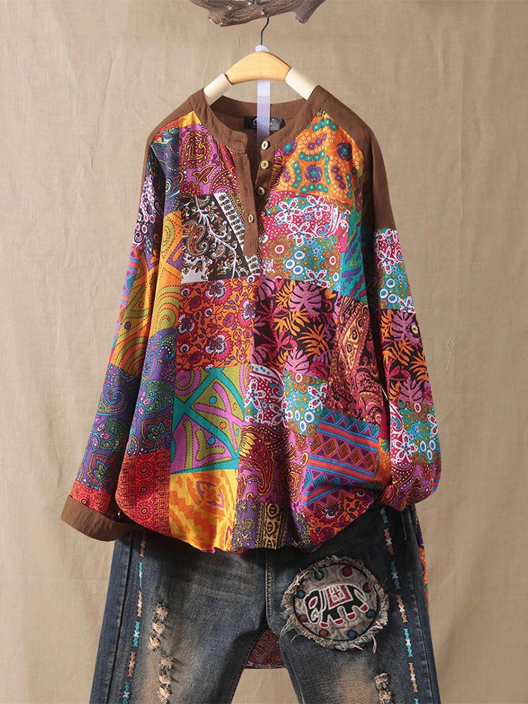 shopping מידות גדולות Plus Size Ethnic Style Floral Print Patchwork Button Cotton Shirts