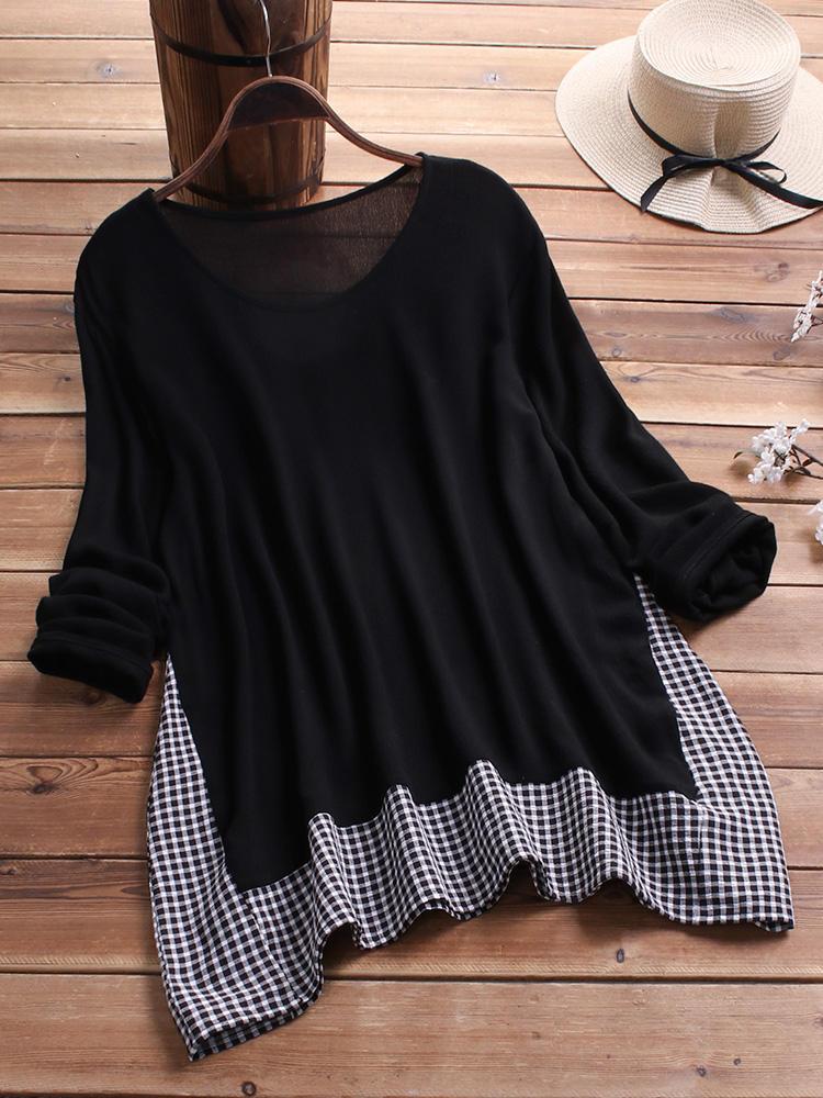 shopping מידות גדולות Vintage Patchwork Plaid Long Sleeve Plus Size Blouse