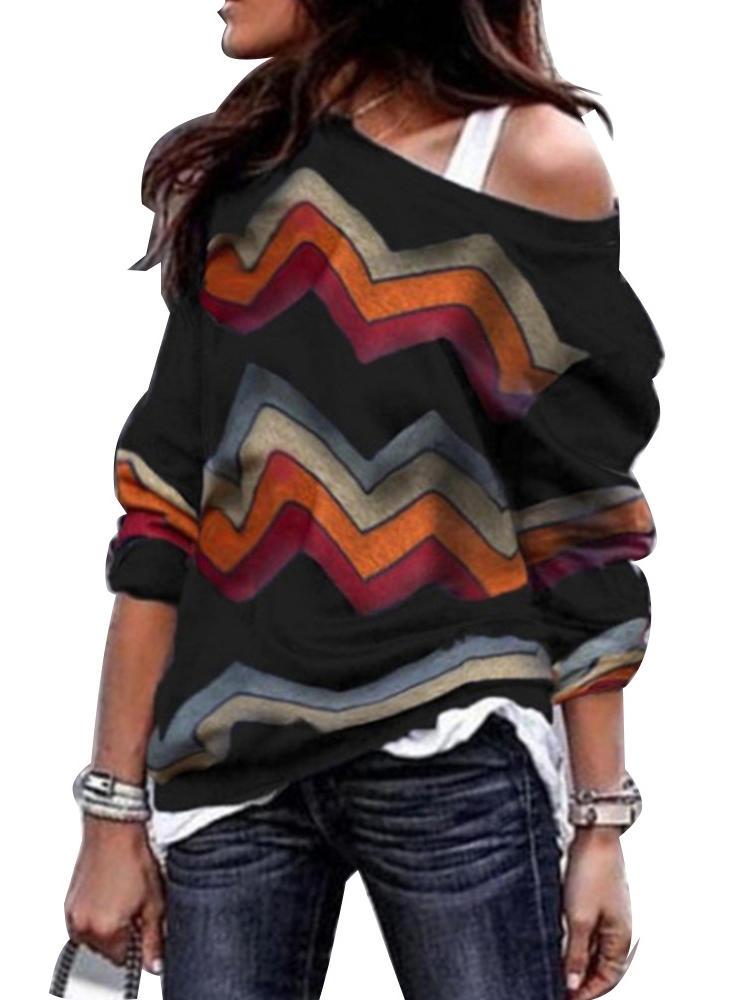 shopping מידות גדולות Striped Patchwork One-shoulder Long Sleeve T-shirts