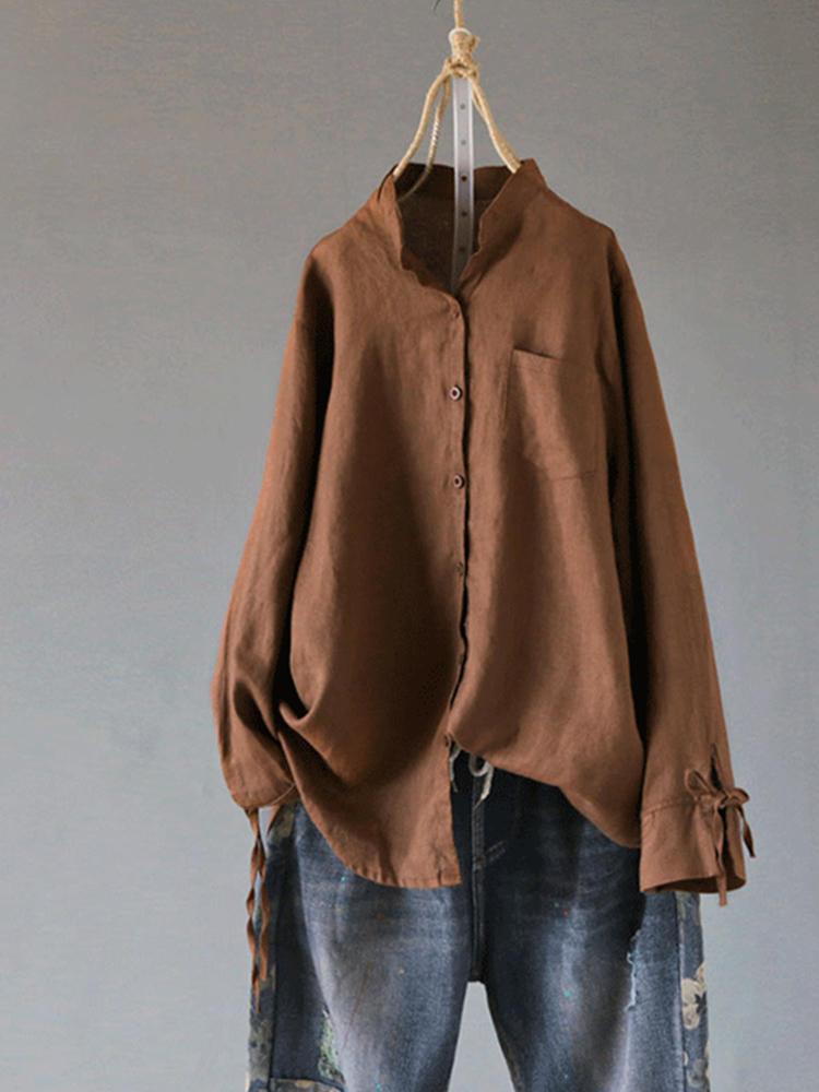 shopping מידות גדולות Plus Size Casual V-neck Long Sleeve Front Pocket Blouse