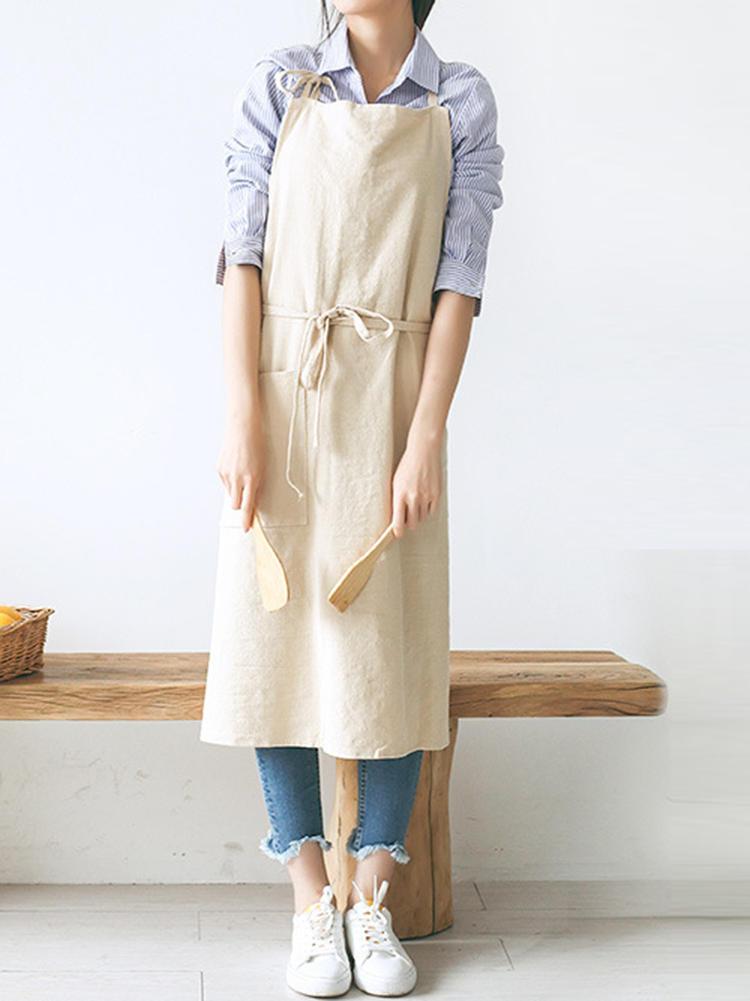 shopping מידות גדולות Japanese Style Brief Pure Color Cotton Linen Aprons with Side Pocket