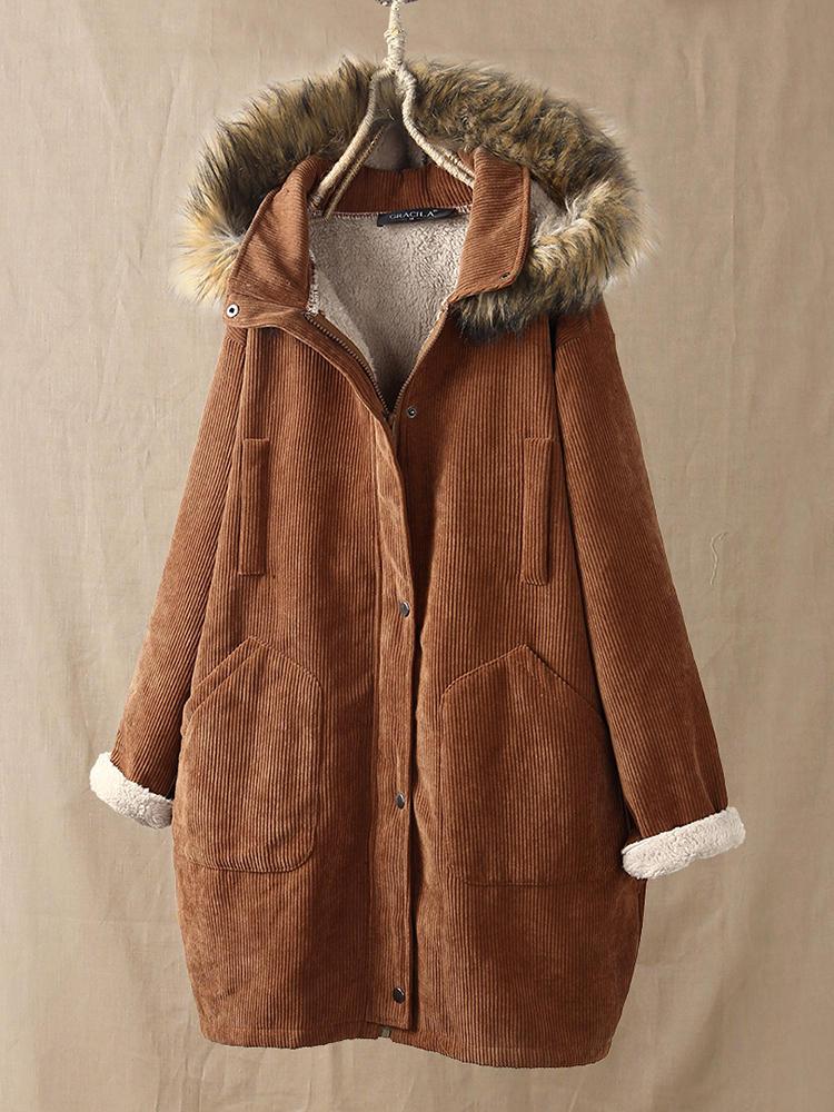 shopping מידות גדולות Corduroy Solid Color Plush Hooded Long Sleeve Coats with Pockets