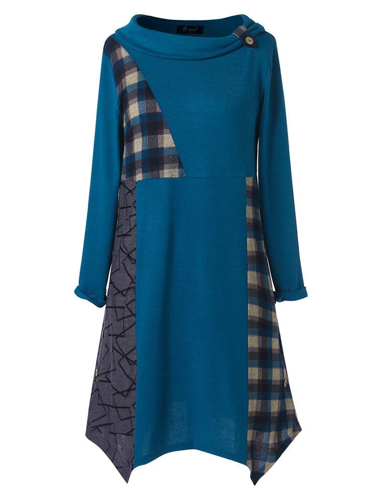 shopping מידות גדולות Button Print Plaid Patchwork Asymmetrical Plus Size Blouse