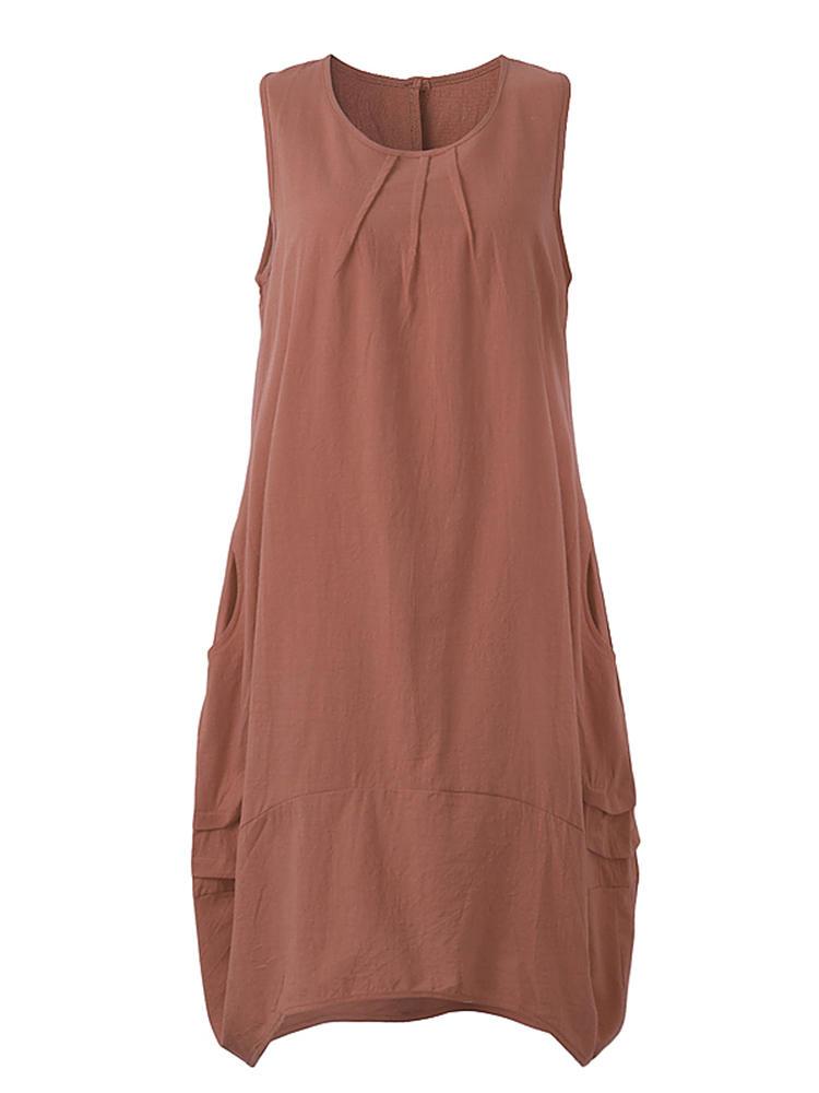 shopping מידות גדולות O-Newe Casual Women Solid Sleeveless Pockets Lantern Dress