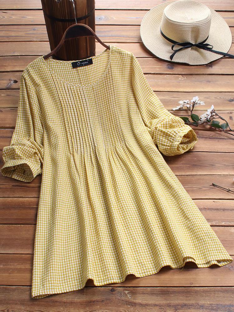 shopping מידות גדולות Casual Plaid Pleated Crew Neck Plus Size Shirt Blouse for Women