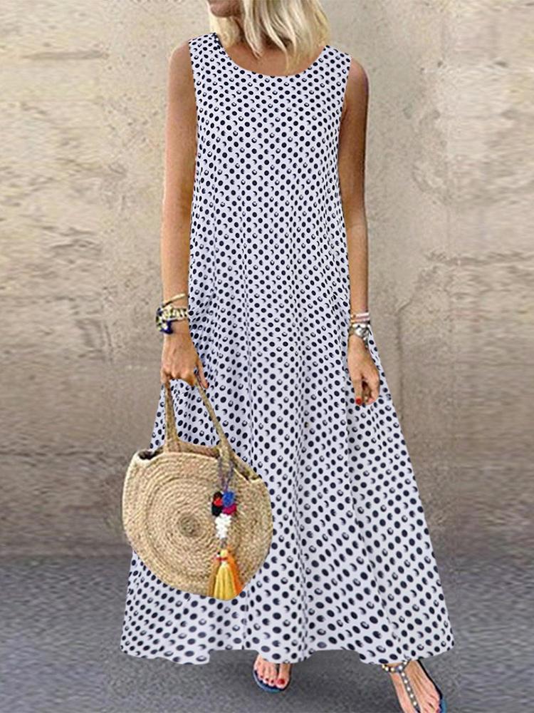 shopping מידות גדולות Casual Polka Dot Print Sleeveless Plus Size Dress with Pockets