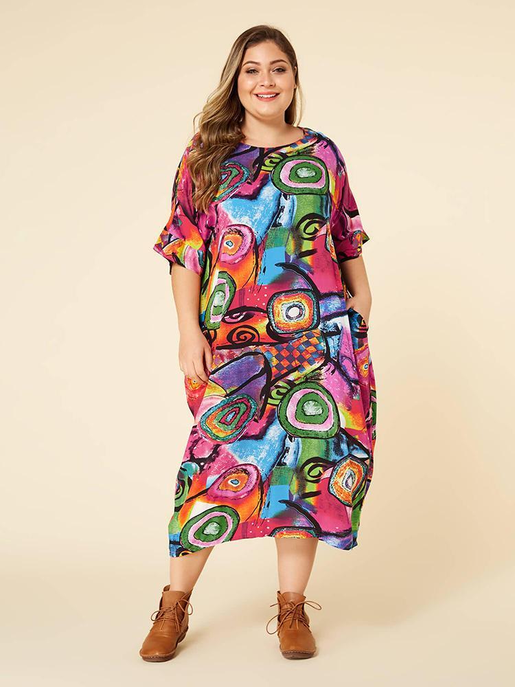 shopping מידות גדולות Bohmian Print Contrast Color Bat Sleeve Pocket Maxi Dress