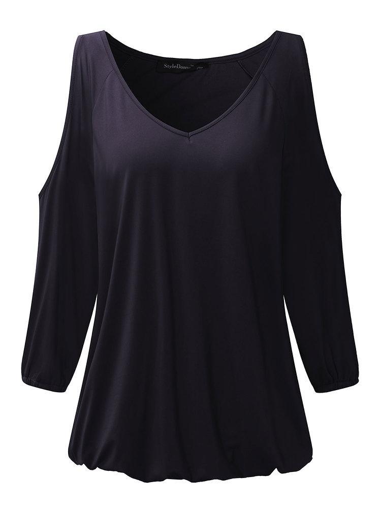 shopping מידות גדולות Sexy Women Off Shoulder V-Neck Pure Color Three Quarter Sleeve Blouse