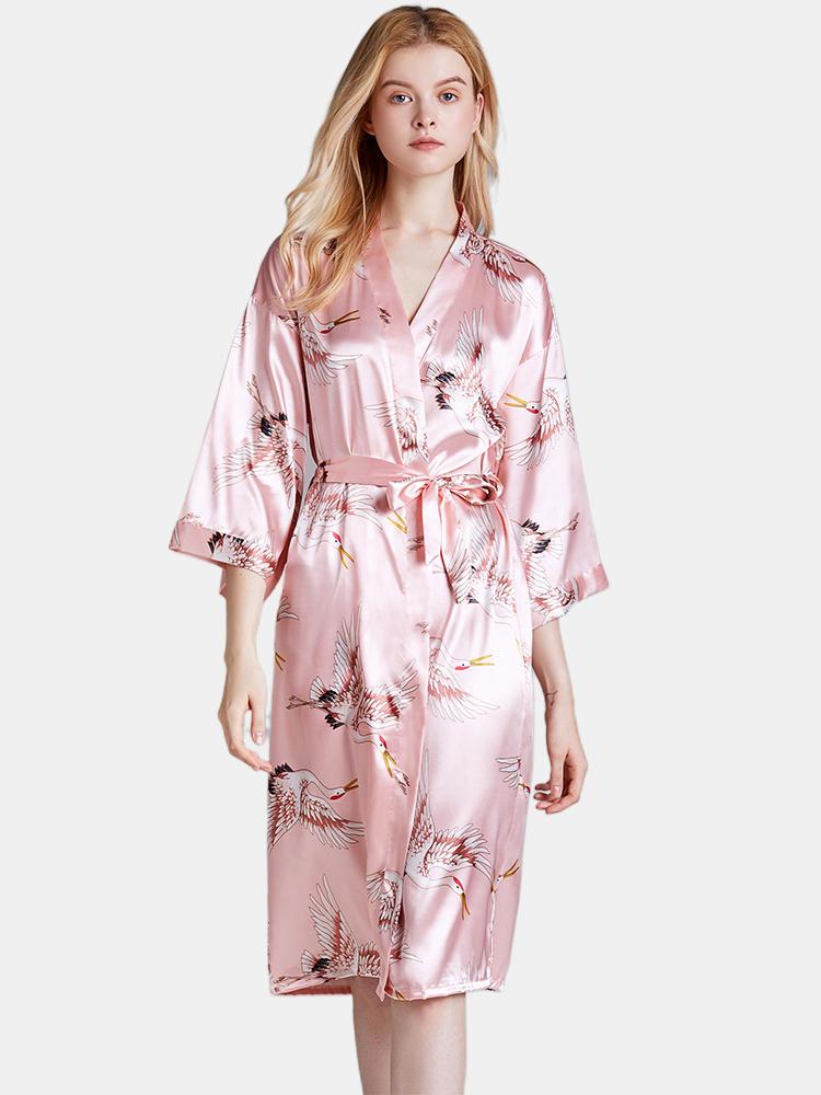 shopping הלבשה תחתונה Plus Size Crane Printed Half Sleeve Longline Kimono Robe Sleepwear