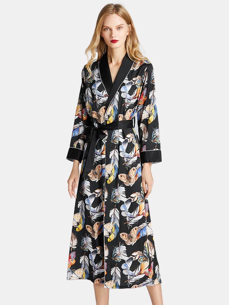 shopping הלבשה תחתונה Black Satin Longlined Printed Long Sleeve Casual Bathrobe Nightgown