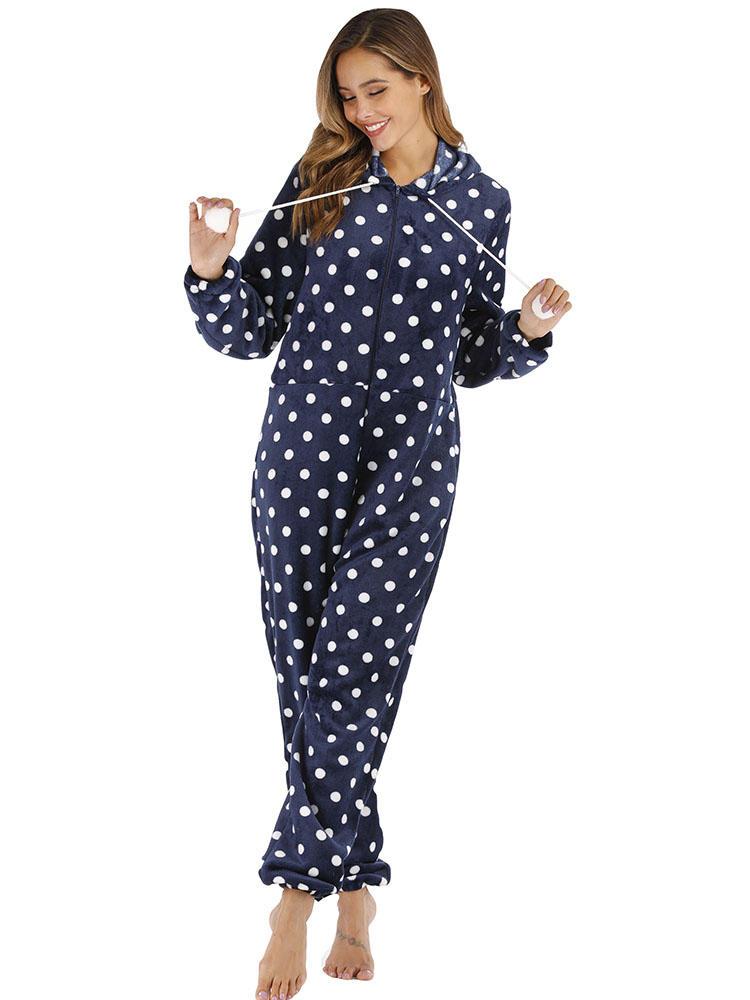 shopping הלבשה תחתונה Navy Polka Dot Front Zip Hoodie Jumpsuit Casual Pajama Set