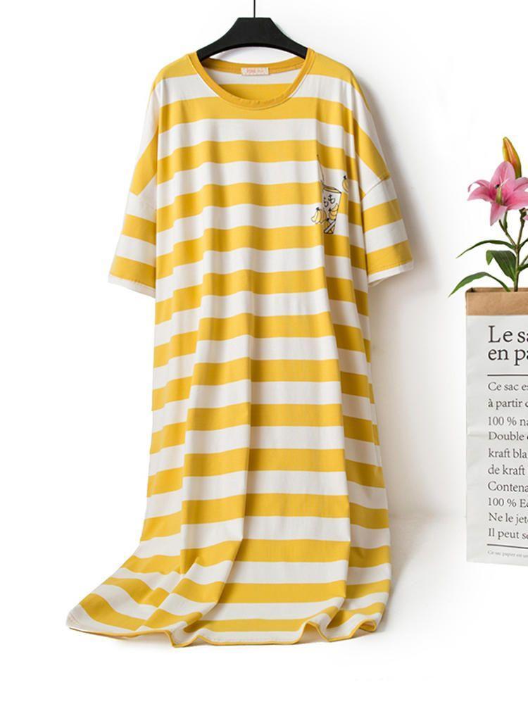 shopping הלבשה תחתונה Summer Striped Sweet Loose Pattern Print Sleep Nightgown