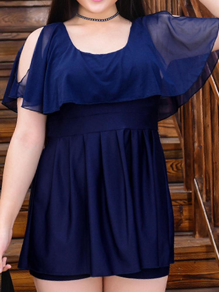 shopping בגדי ים Stretchy Plus Size Shoulder Hollow Out Cloak Bathing Suit Ruffle Boysuit Swimdress