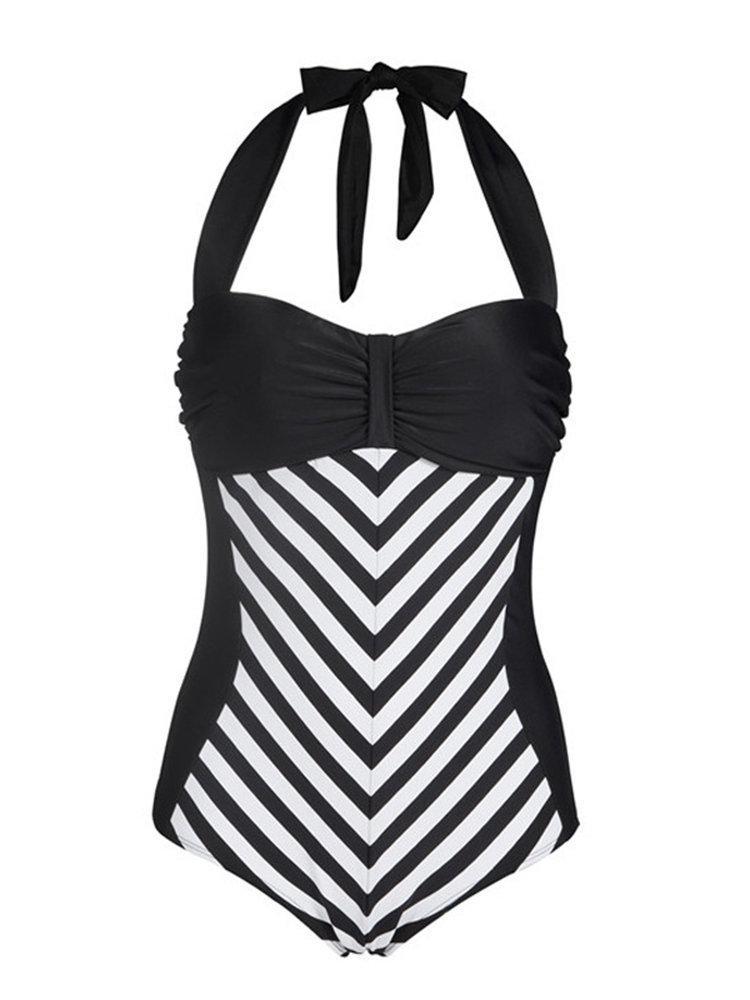shopping בגדי ים Plus Size Racy Black Halter Low Cut Striped Beachsuit Swimwear For Women