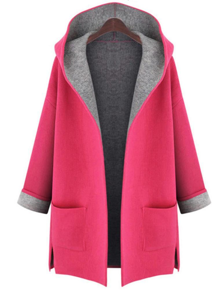 shopping מעילים וג׳קטים L-5XL Women Solid Color Autumn Winter Hooded Coats with Pockets