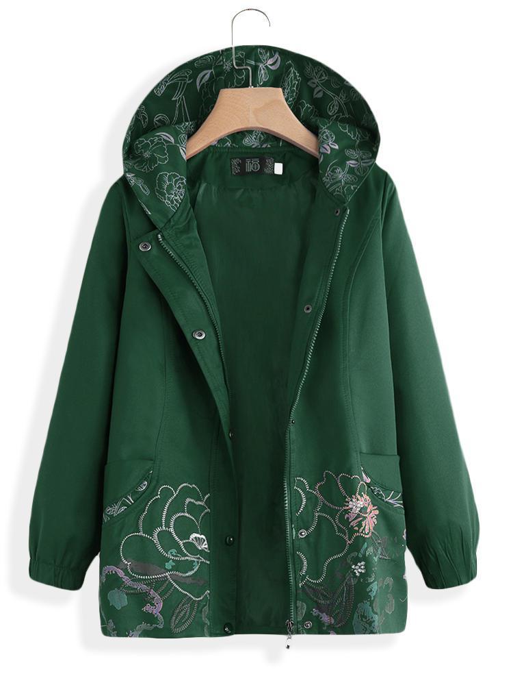shopping מעילים וג׳קטים Hooded Embroidered Long Sleeve Zipper Vintage Coats