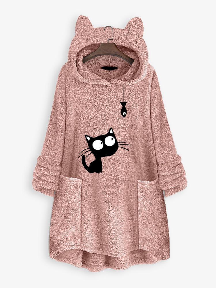 shopping מעילים וג׳קטים Cat Embroidery Long Sleeve Hooded Women Casual Sweatshirt