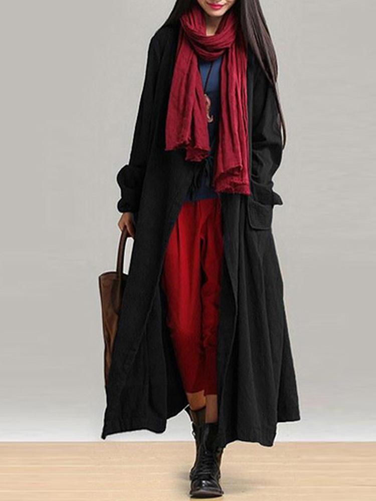 shopping מעילים וג׳קטים Casual Women Long Sleeve Solid Color Pockets Lace-up Long Outerwear Coats
