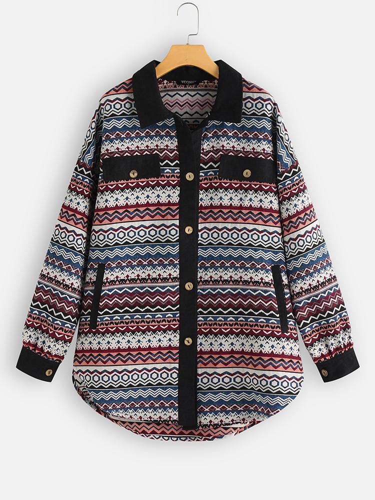 shopping מעילים וג׳קטים Vintage Jacquard Patch Corduroy Button Long Sleeve Coats