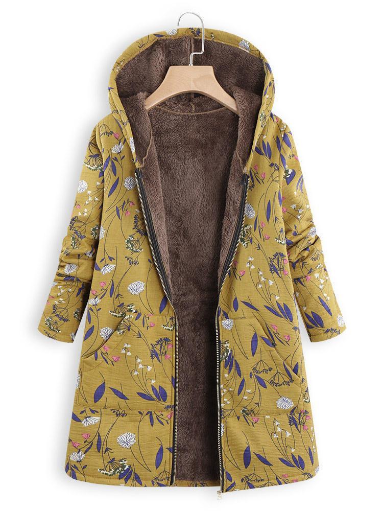shopping מעילים וג׳קטים Floral Print Hooded Long Sleeve Pockets Vintage Jacket Coats