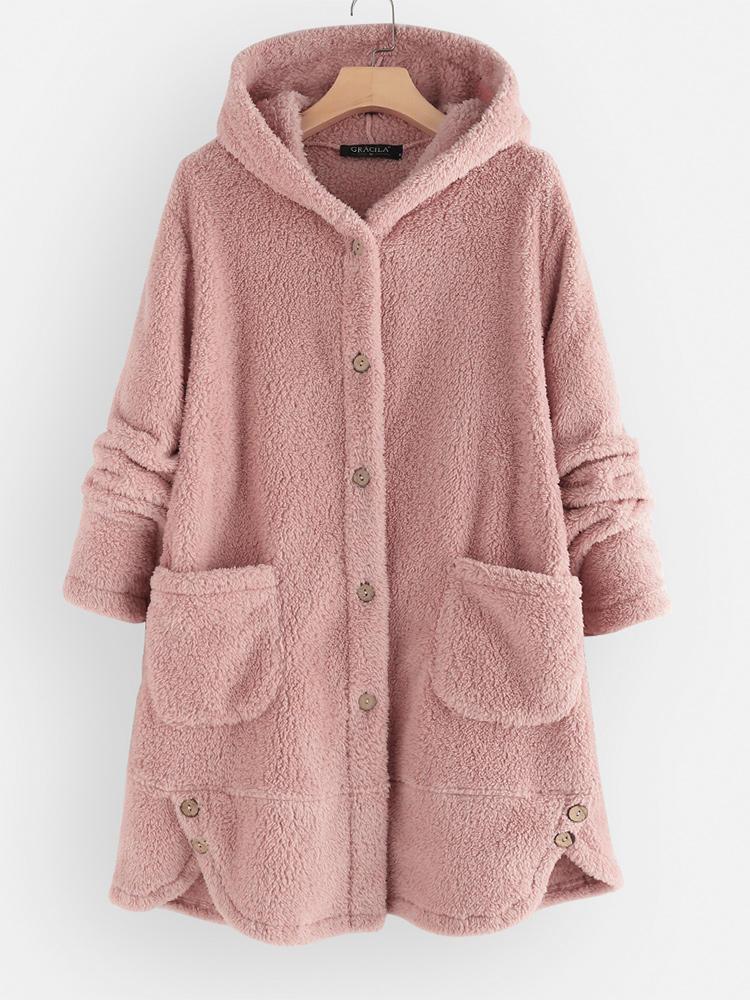 shopping מעילים וג׳קטים Casual Button Fleece Pockets Hooded Coats For Women