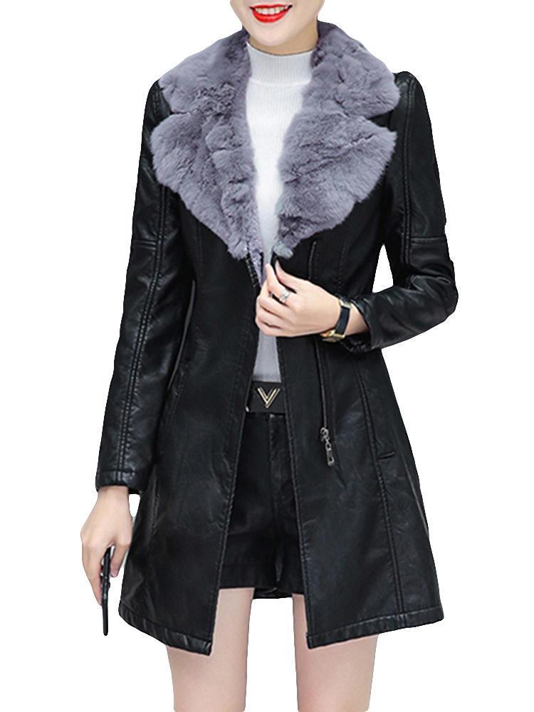 shopping מעילים וג׳קטים PU Leather Plus Velvet Thick Fur Collar Coats