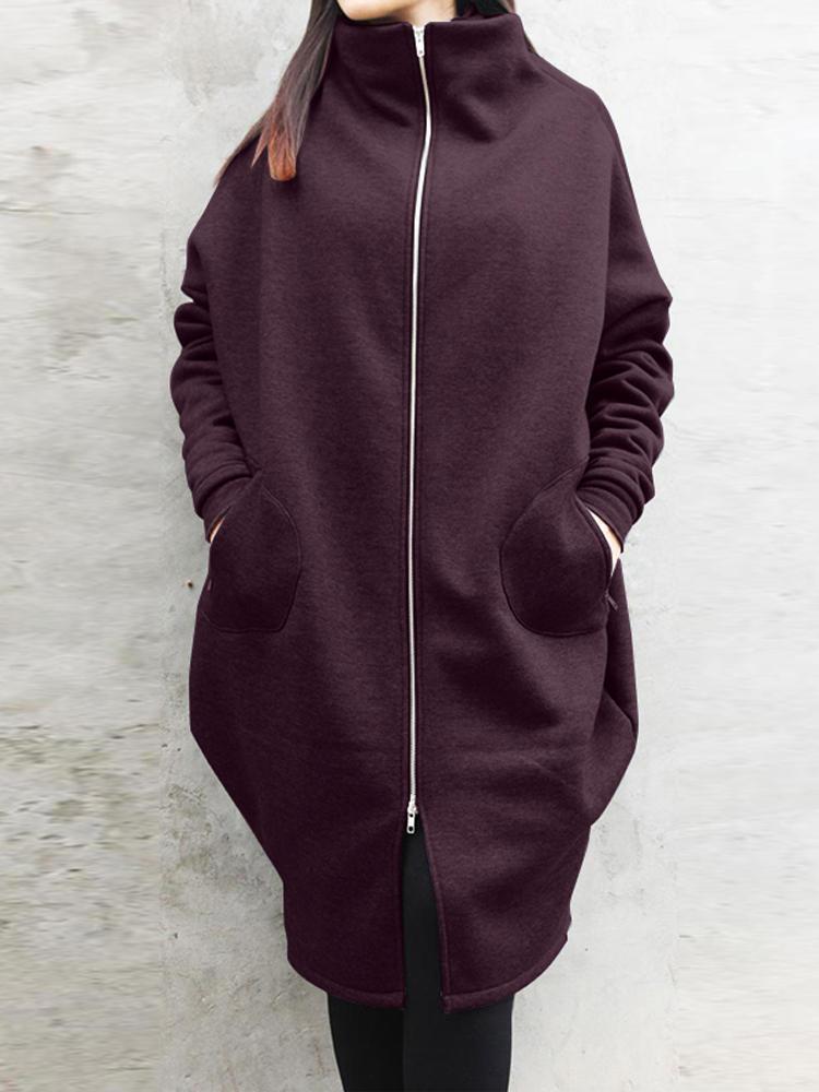 shopping מעילים וג׳קטים Women Solid Winter High Neck Zip Up Sweatshirt Loose Jacket Coats