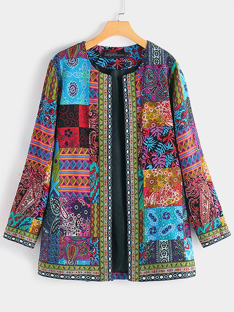 shopping מעילים וג׳קטים Ethnic Style Vintage Floral Printed Long Sleeve Coats For Women