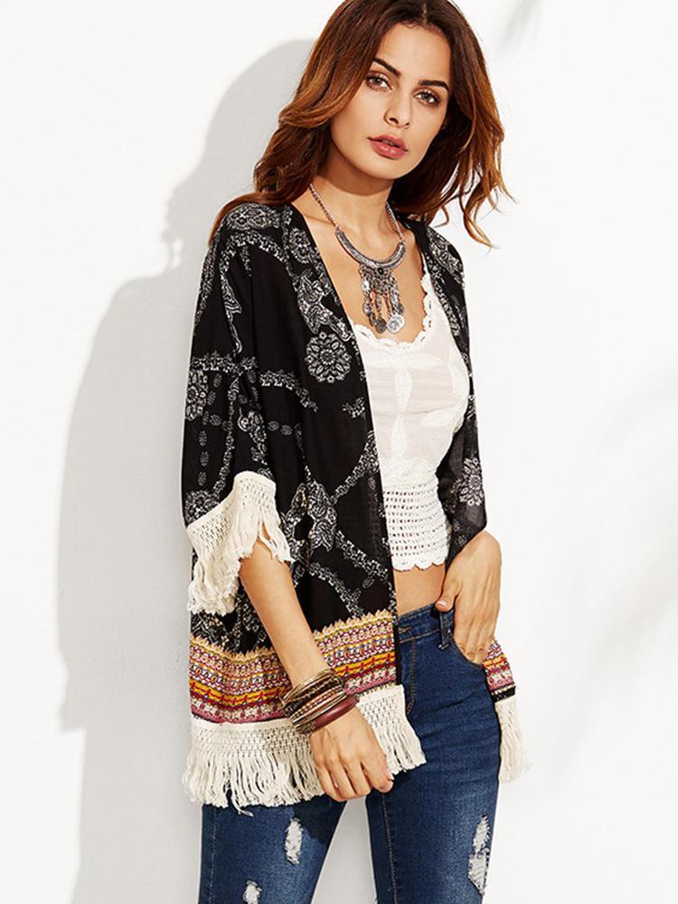 shopping מעילים וג׳קטים Black Floral Print Tassel Patchwork Loose Beach Summer Cardigans