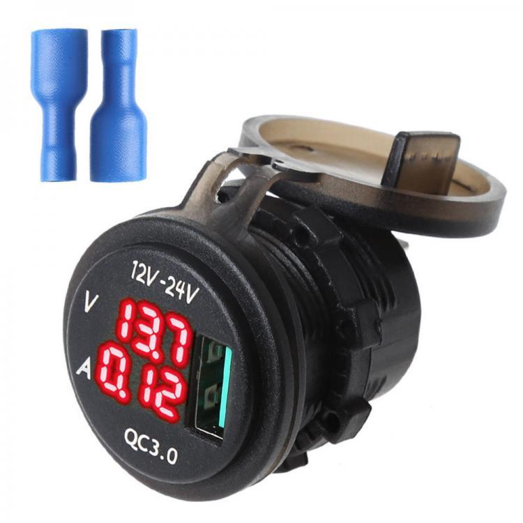 shopping מטענים ומתאמים 12V/24V QC 3.0 LED USB Charger Socket Voltmeter Current Display For Boat Motorcycle