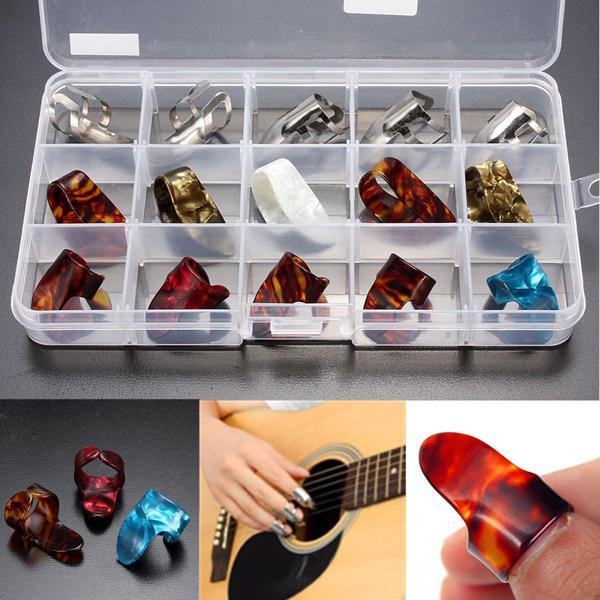shopping כלי נגינה 15pcs Multicolor Stainless Steel Celluloid Thumb Finger Guitar Picks With Case